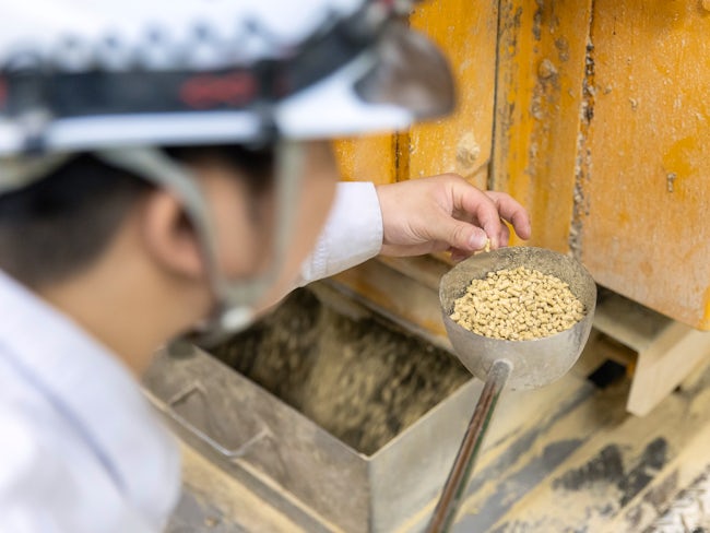 <鶏・豚用ペレット部門>稼働中の製造機から定期的に飼料サンプルを採取し、規格通りか目で見て常に品質確認※ペレットとは、粉状の飼料原料(とうもろこし等)を、熱と圧力を使って小さく円柱状に加工したもの