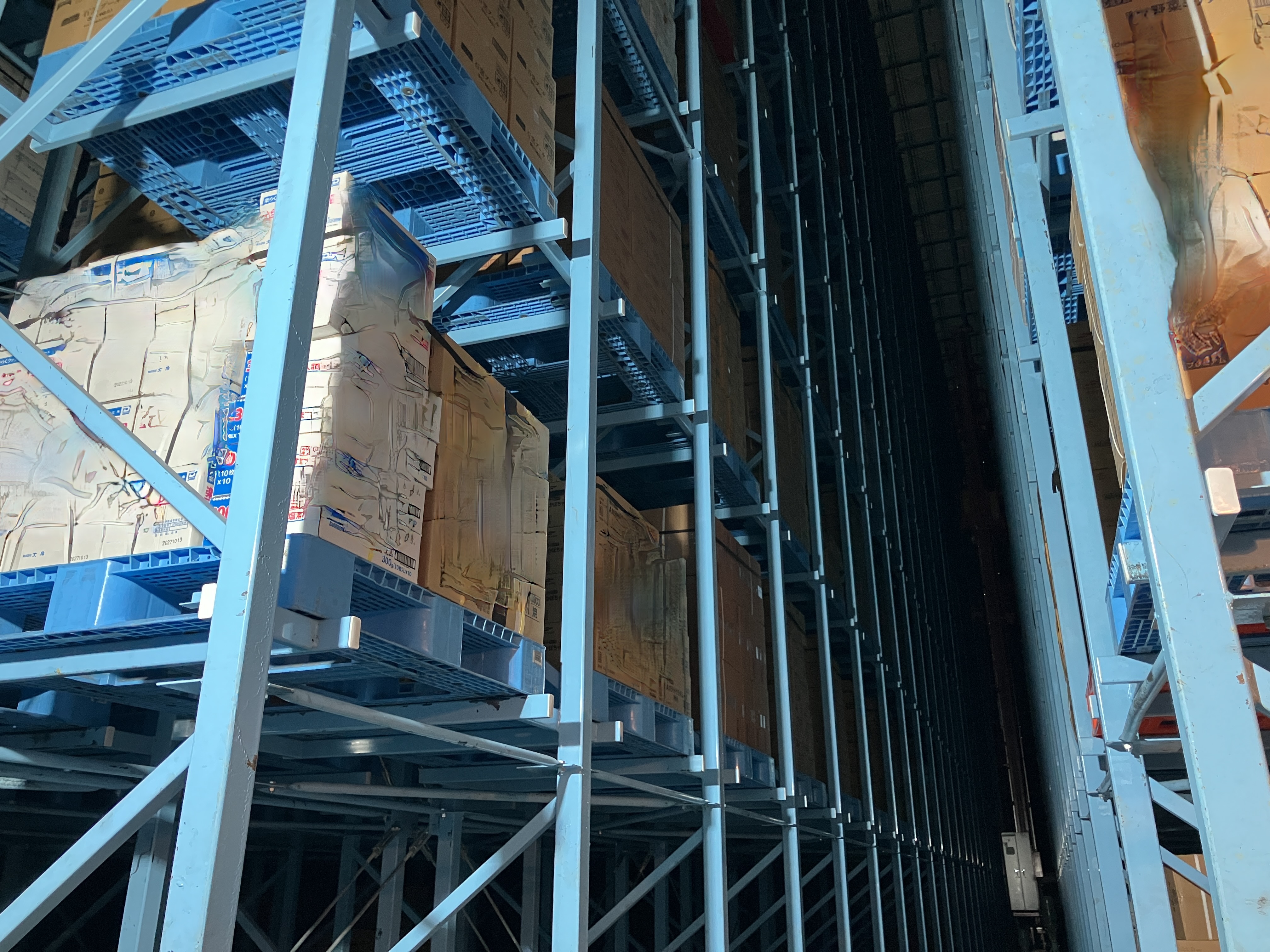こちらは全自動倉庫です。入口まで機械が全自動で商品を出し入れしてくれます。個数が多いメーカーさんはこちらの倉庫で管理することが多いです。