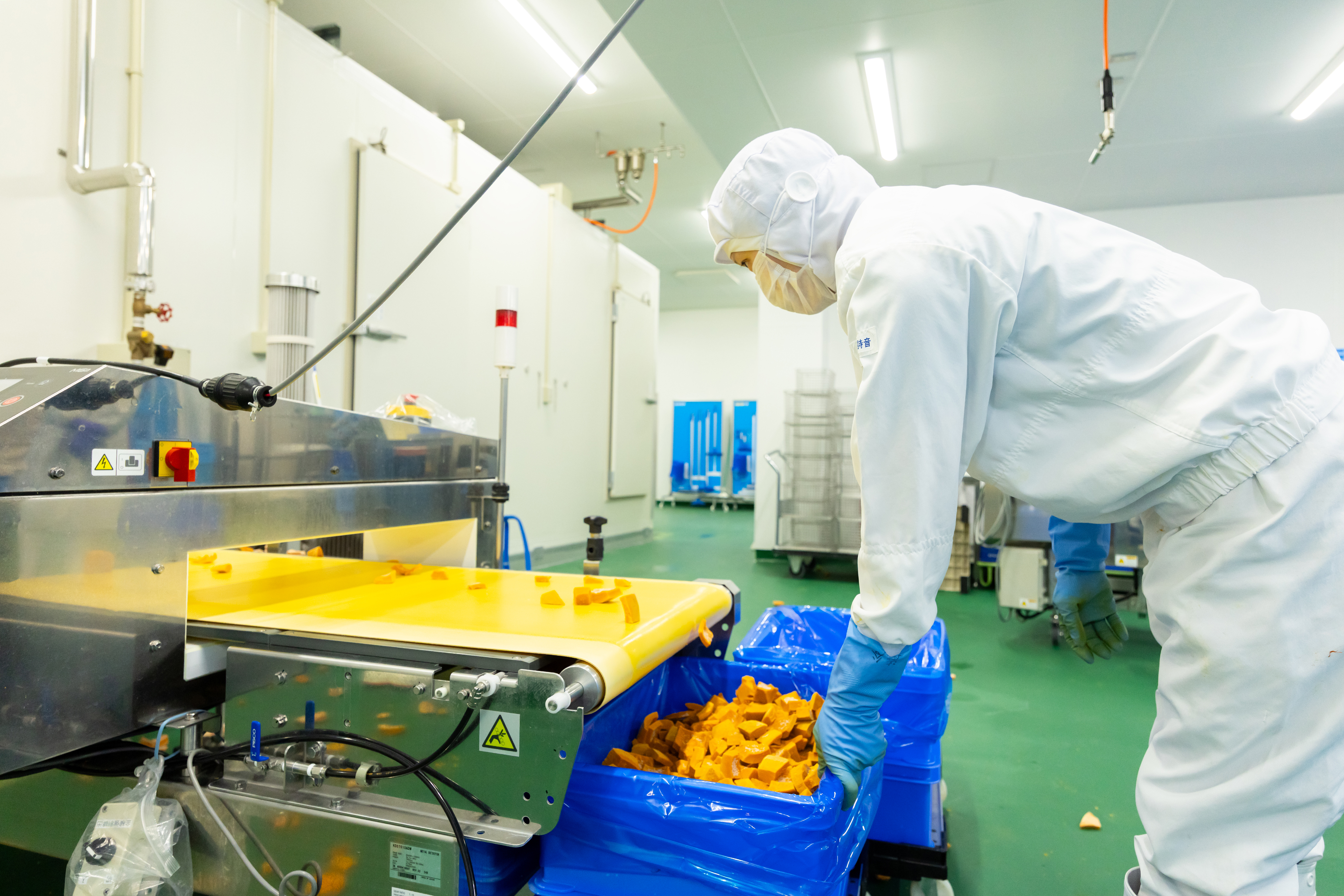 【基本的な製造工程（9）】
冷凍が完了したら、いよいよ最終段階の梱包作業へ。最後は人の手で丁寧に重さを量り、出荷に向けて準備を行います。厳しいチェックをクリアした製品だけが、皆様のもとへと旅立つのです。