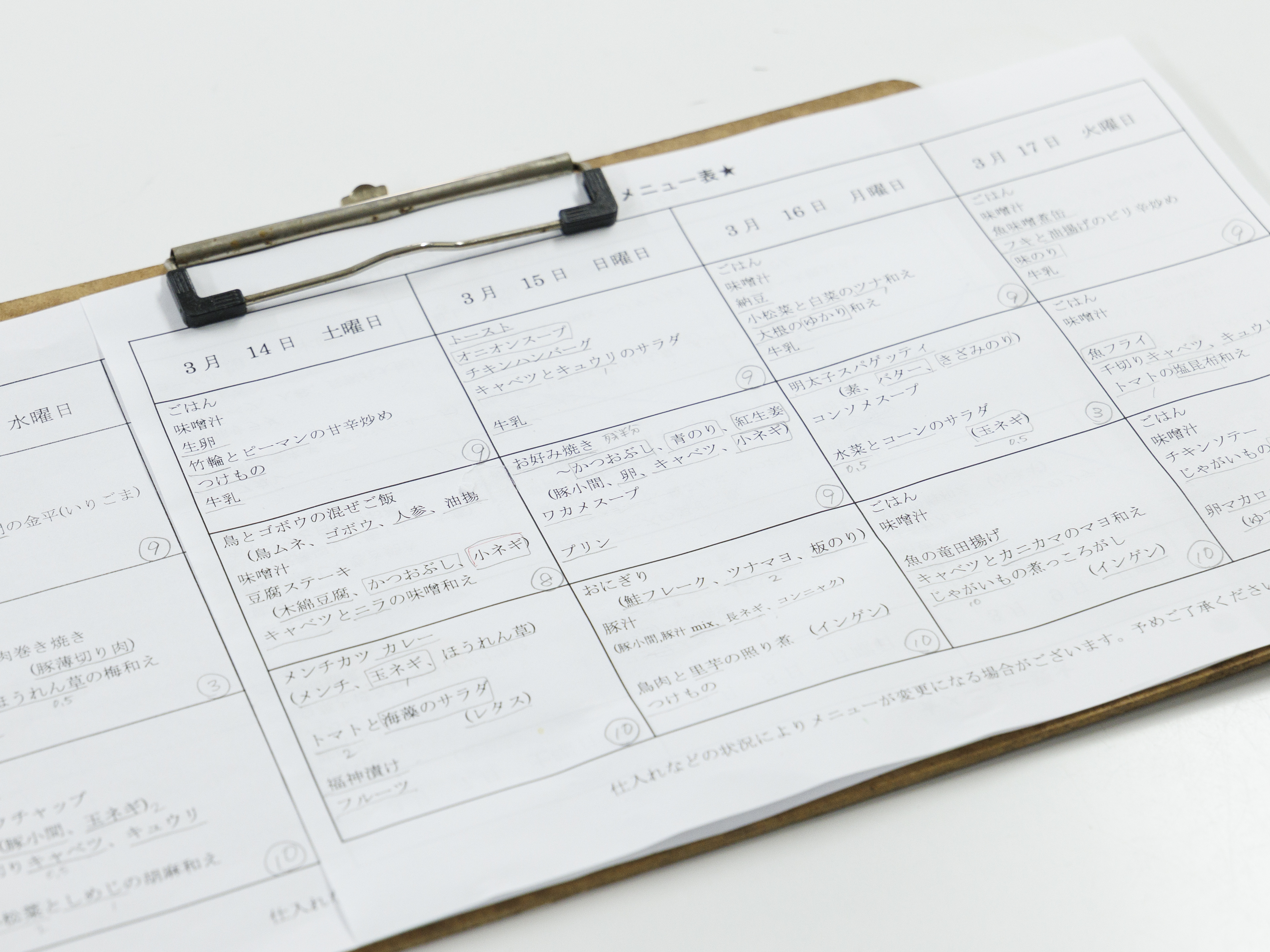 月替わりの献立表です。ちなみに作り方や味付けのルールはそんなに厳しくないんです。美味しい料理が提供できればOK。みんなでネットでレシピを検索したりして、プチ料理教室のような楽しい雰囲気で調理しています。