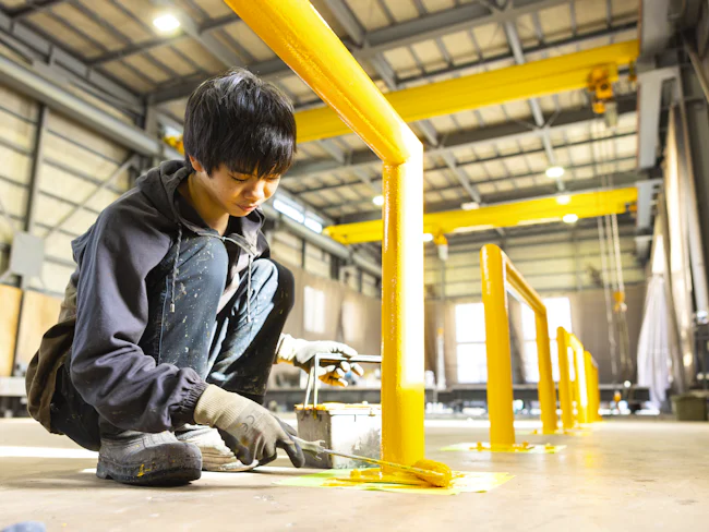 【工場について3】みんなが不快感なく働くことができるように、工場内も掃除機をかけたり、剥がれたペンキも再塗装したり…。自分たちが働く工場内の清掃・美装も大切な仕事です。