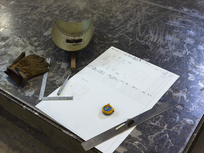 【使用道具】写真は工場内スタッフが使用する道具の一部。軍手や直角定規、のこぎりなどを腰ベルトにつけて作業を行います。学校の授業みたいで楽しいですよ(笑)